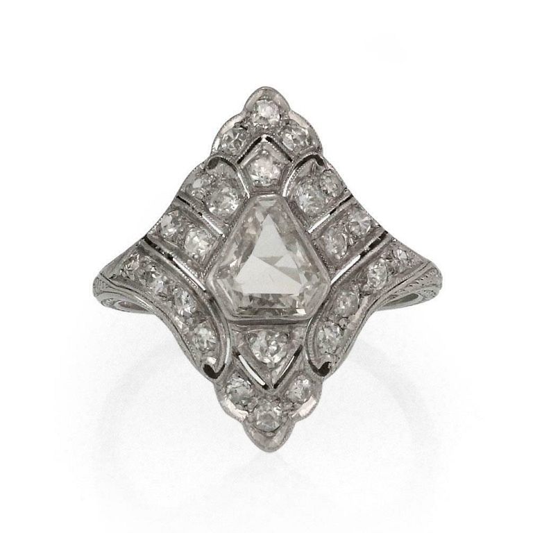 Appraisal: Art Deco Old Mine Cut Diamonds Platinum Rhombus Tr This