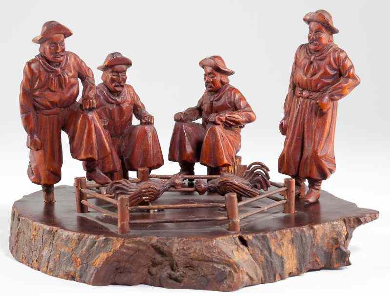 Appraisal: Folk Art Carved Wood Cock Fightdepiction of four Spanish men