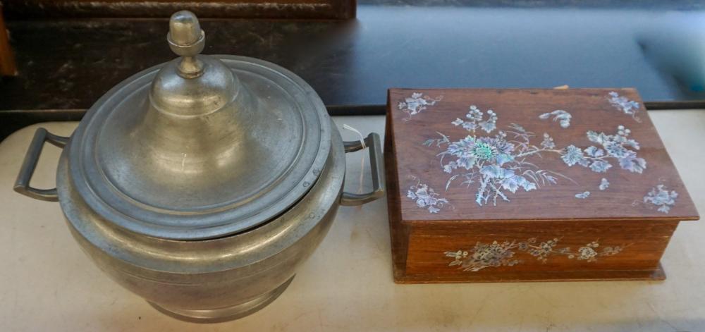 Appraisal: FRENCH PEWTER LIDDED POT AND MOTHER OF PEARL INLAID DRESSER