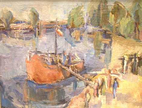 Appraisal: Stroynowski th C oil on canvas harbor scene with figures