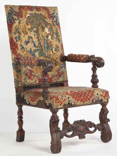 Appraisal: James II Style Open Armchairlate th century carved walnut frame