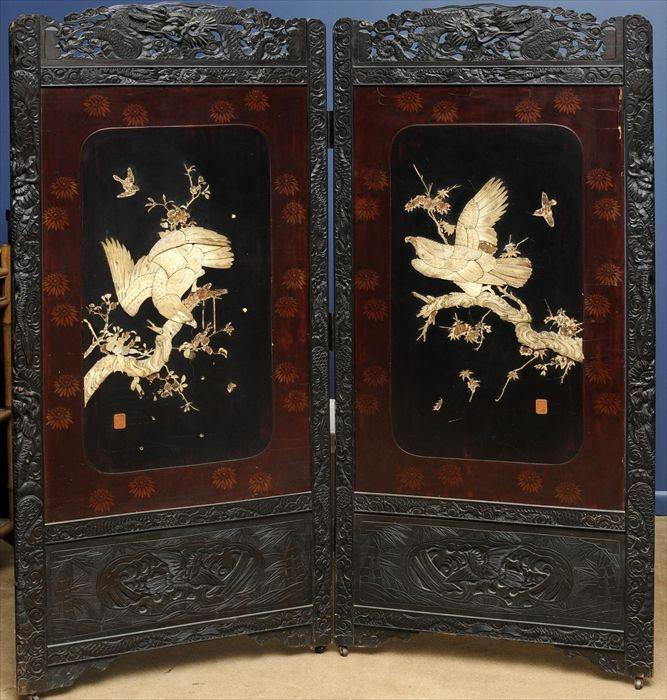 Appraisal: Japanese Ivory and Mother-of-Pearl Inlaid Lacquer Two-Panel Folding Screen x