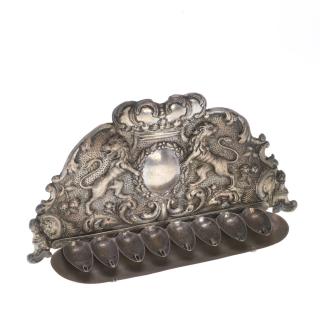 Appraisal: Austro-Hungarian silver wall menorah th c chased and repousse lion