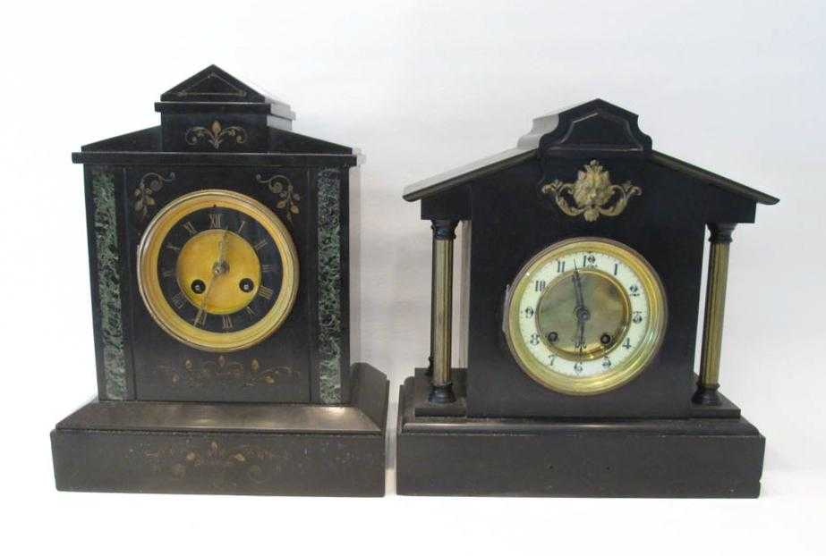 Appraisal: TWO FRENCH MARBLE CASE MANTEL CLOCKS the first with four