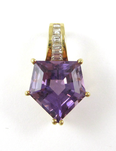 Appraisal: AMETHYST DIAMOND AND EIGHTEEN KARAT GOLD PENDANT with five baguette-cut