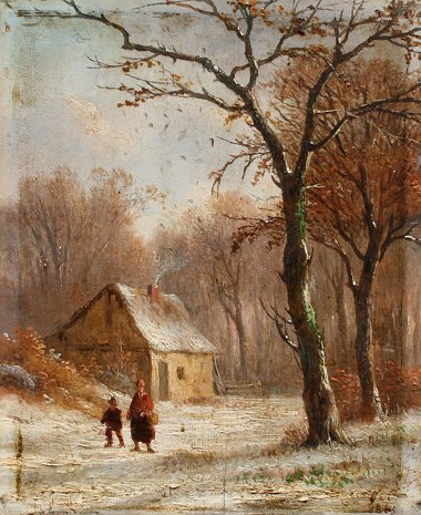 Appraisal: th C OIL ON BOARD WINTER SCENE WITH FIGURES Traveling