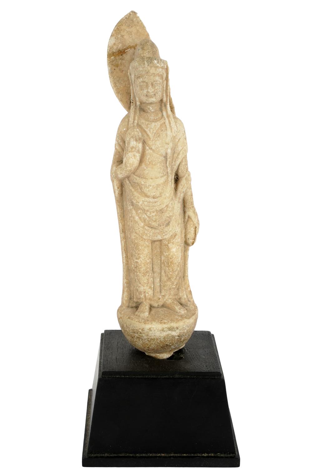 Appraisal: CHINESE CARVED STONE GUAN YIN FIGUREunmarked with wooden base Condition