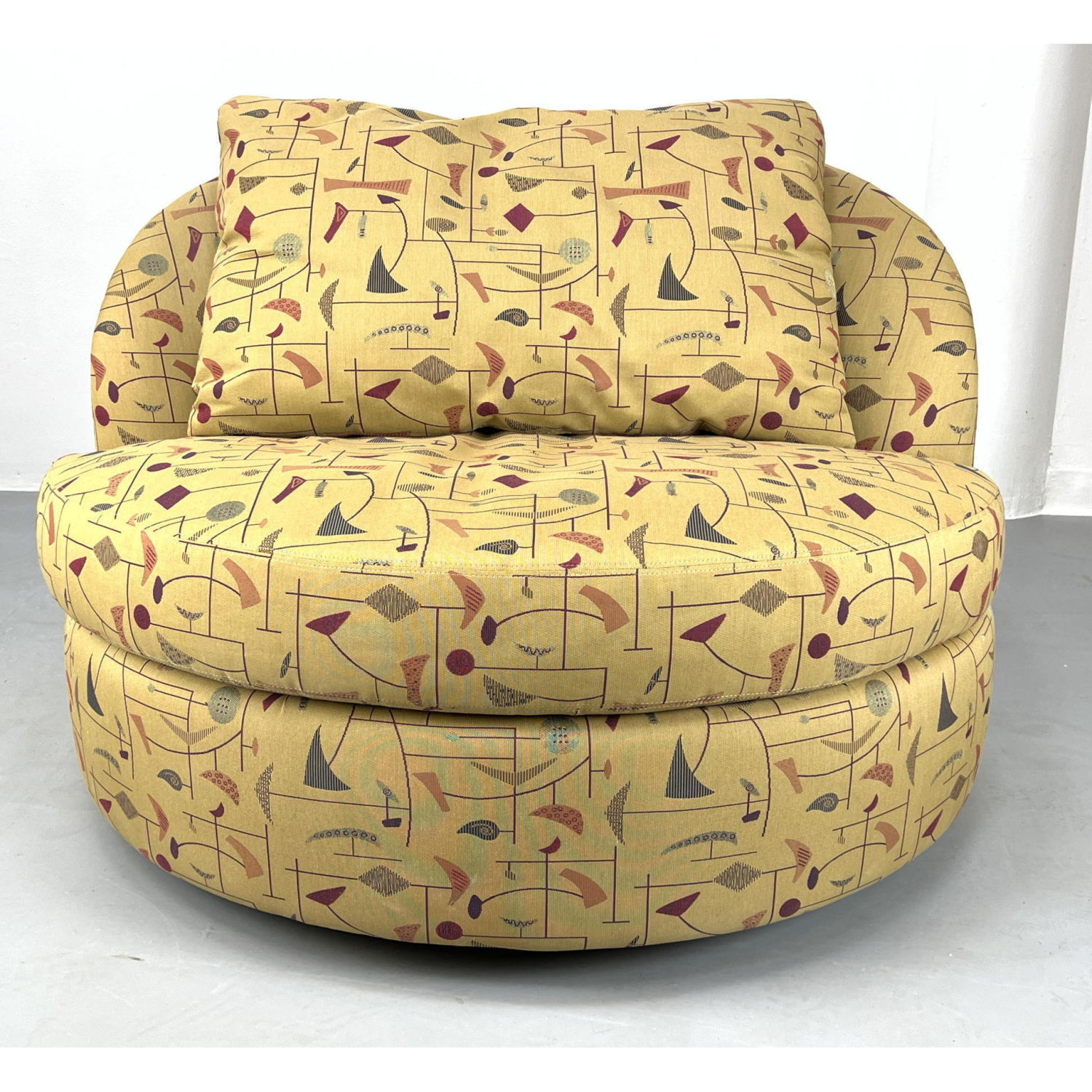 Appraisal: Barrel Back Round Swivel Lounge Chair Modernist Mobile patterned upholstery