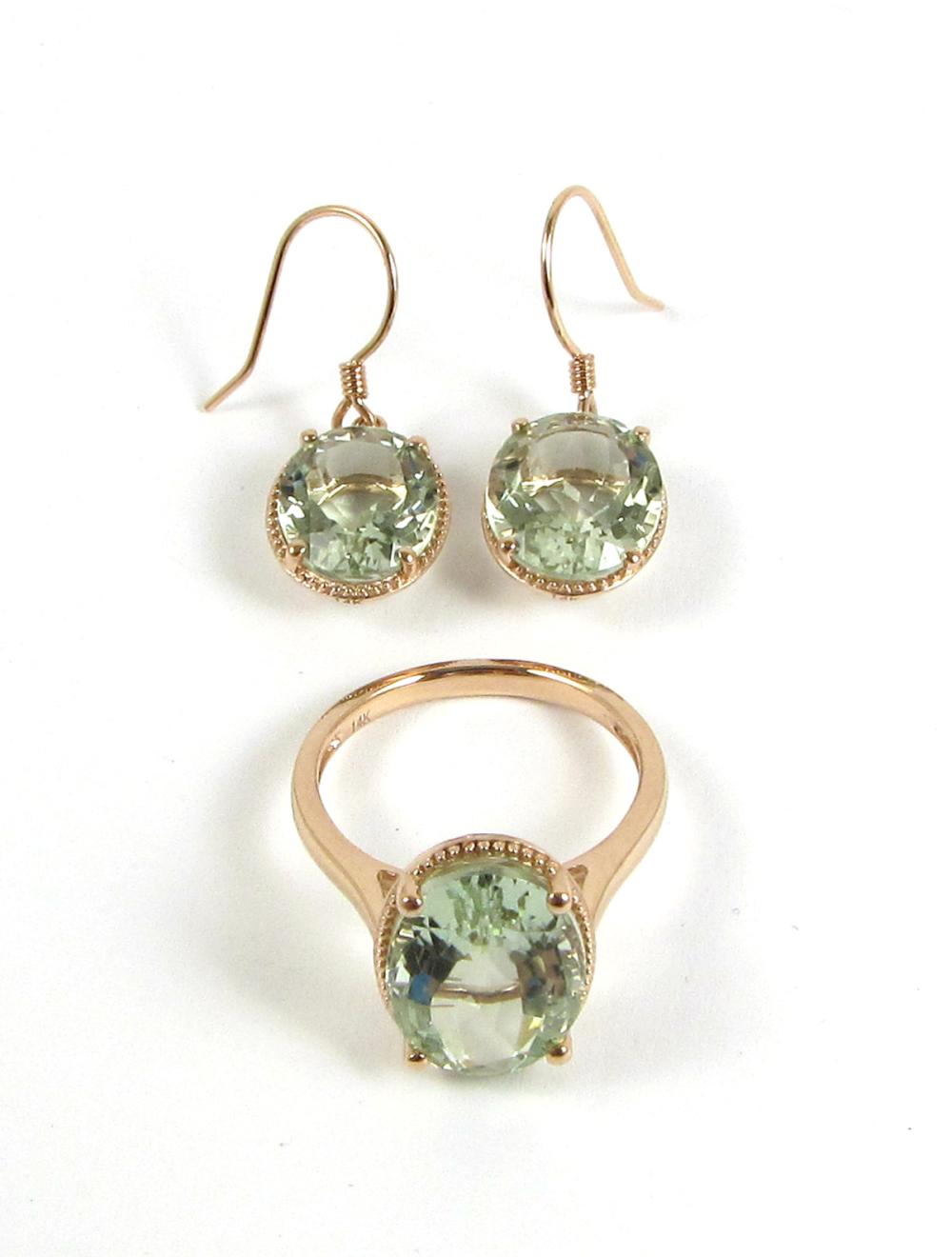 Appraisal: PRASIOLITE AND FOURTEEN KARAT GOLD RING AND EARRINGS SET including