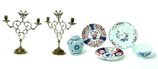 Appraisal: FIVE PIECES OF ASIAN CERAMICS AND A PAIR OF CANDELABRA