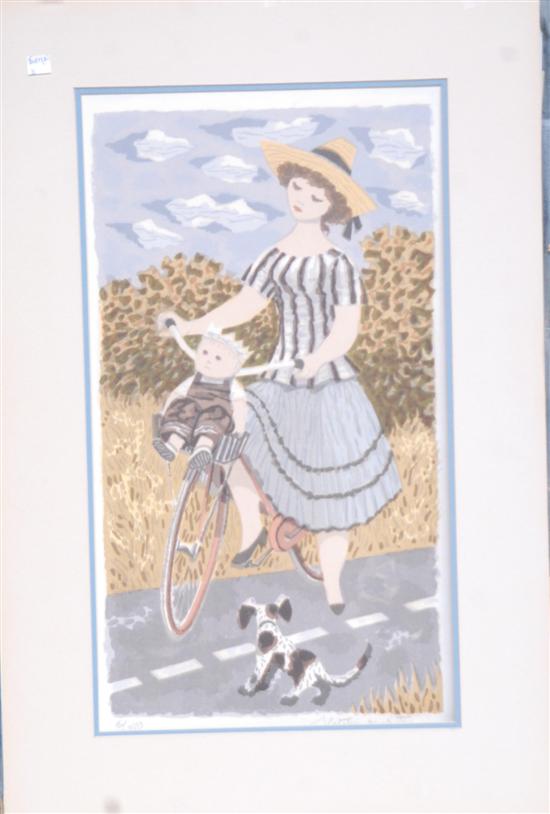 Appraisal: MARTIN FLETCHER SERIGRAPH Girl on bike with baby and dog