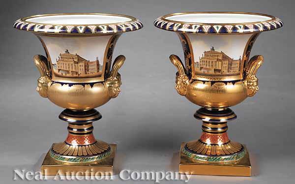 Appraisal: A Pair of Sevres-Style Porcelain Urns cobalt and gilt ground