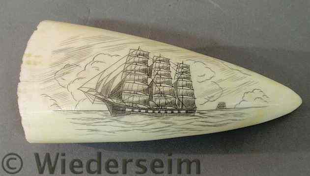 Appraisal: Scrimshaw whale's tooth th c with a three-masted frigate l