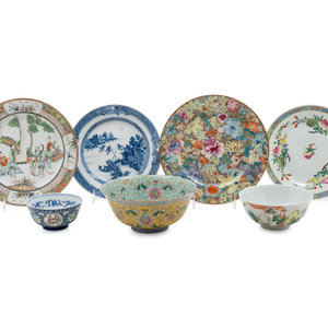 Appraisal: Seven Chinese Famille Rose Porcelain Wares comprising one yellow ground