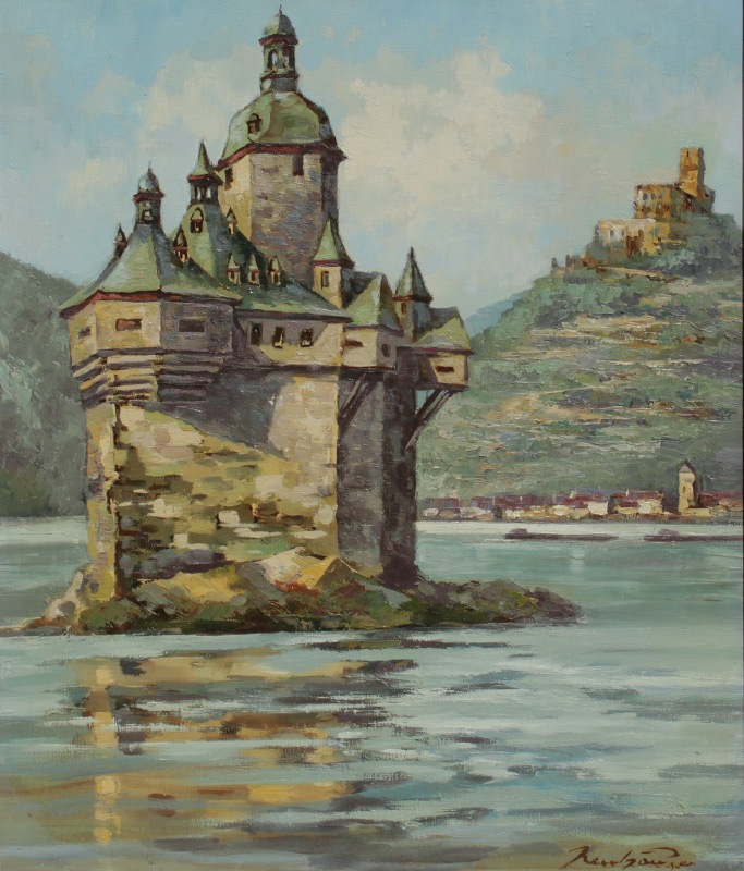 Appraisal: GEORG NEUHAUSER PAINTING CASTLE IN THE RHINE Pfalzgrafenstein Castle Kaub