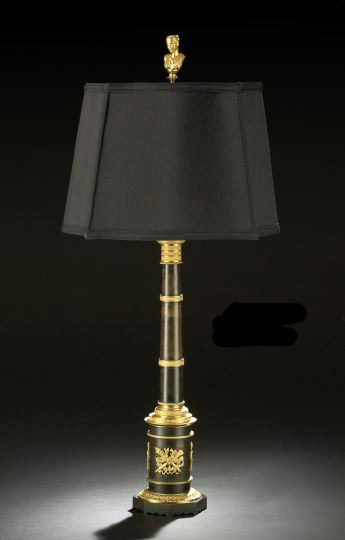 Appraisal: French Gilt-Brass-Mounted Bronze-Patinated Columnar Candlestick of tall size in the