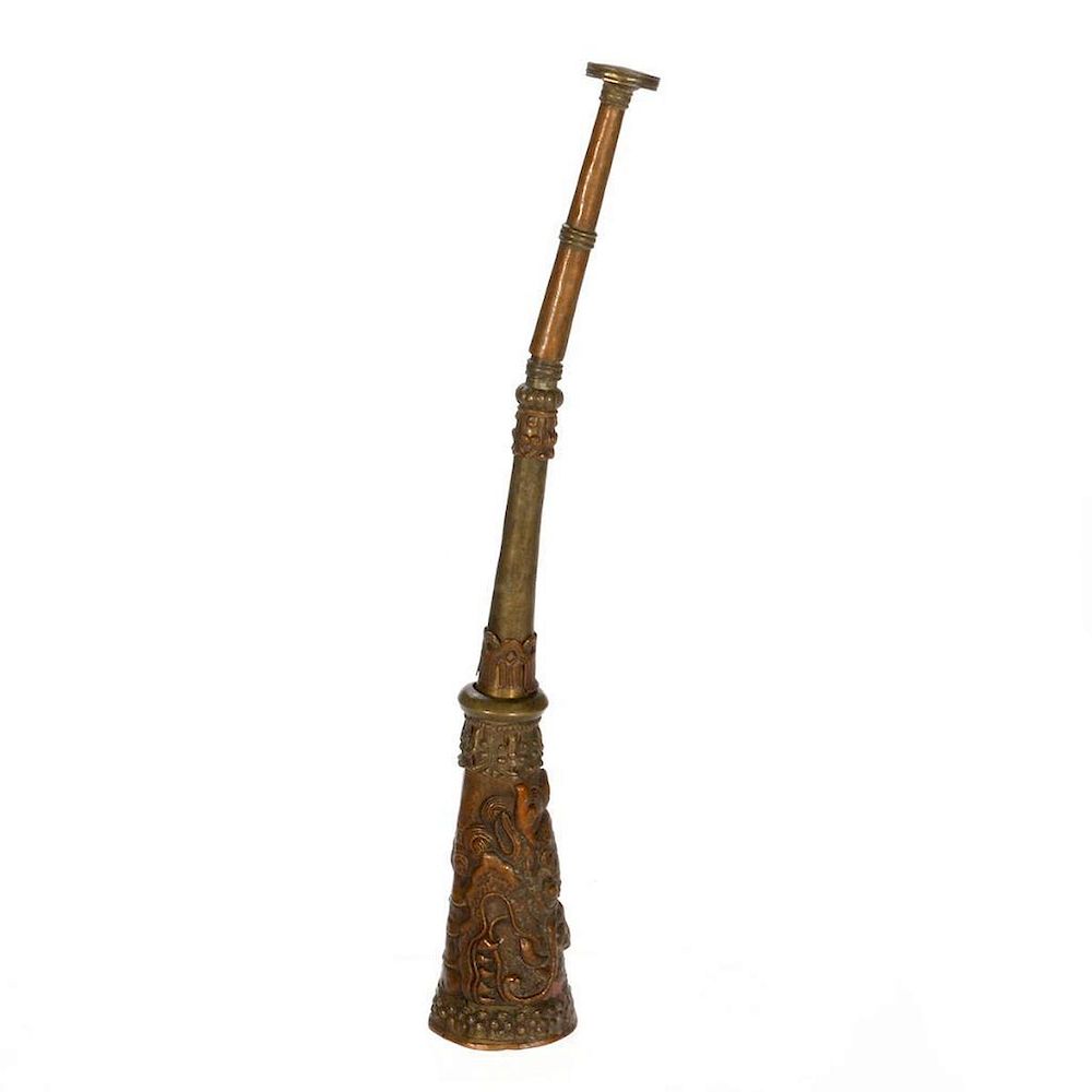 Appraisal: Tibetan horn A th century copper and brass Tibetan horn