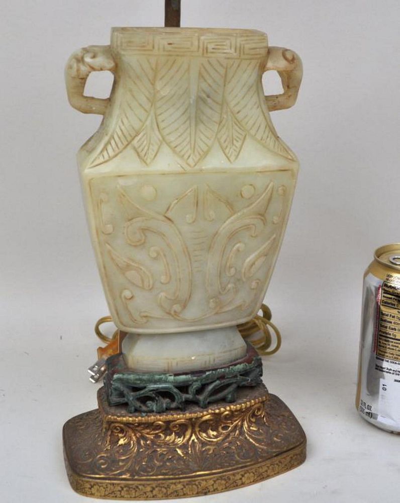 Appraisal: Chinese Carved Jade Archaistic Vase now mounted as a table