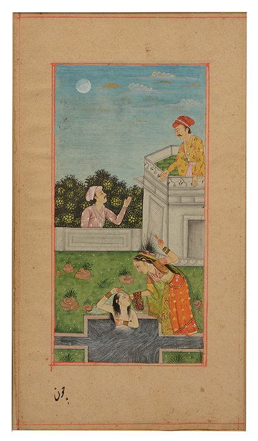 Appraisal: INDIAN SCHOOLMiniature showing a garden scene with attendant helping a