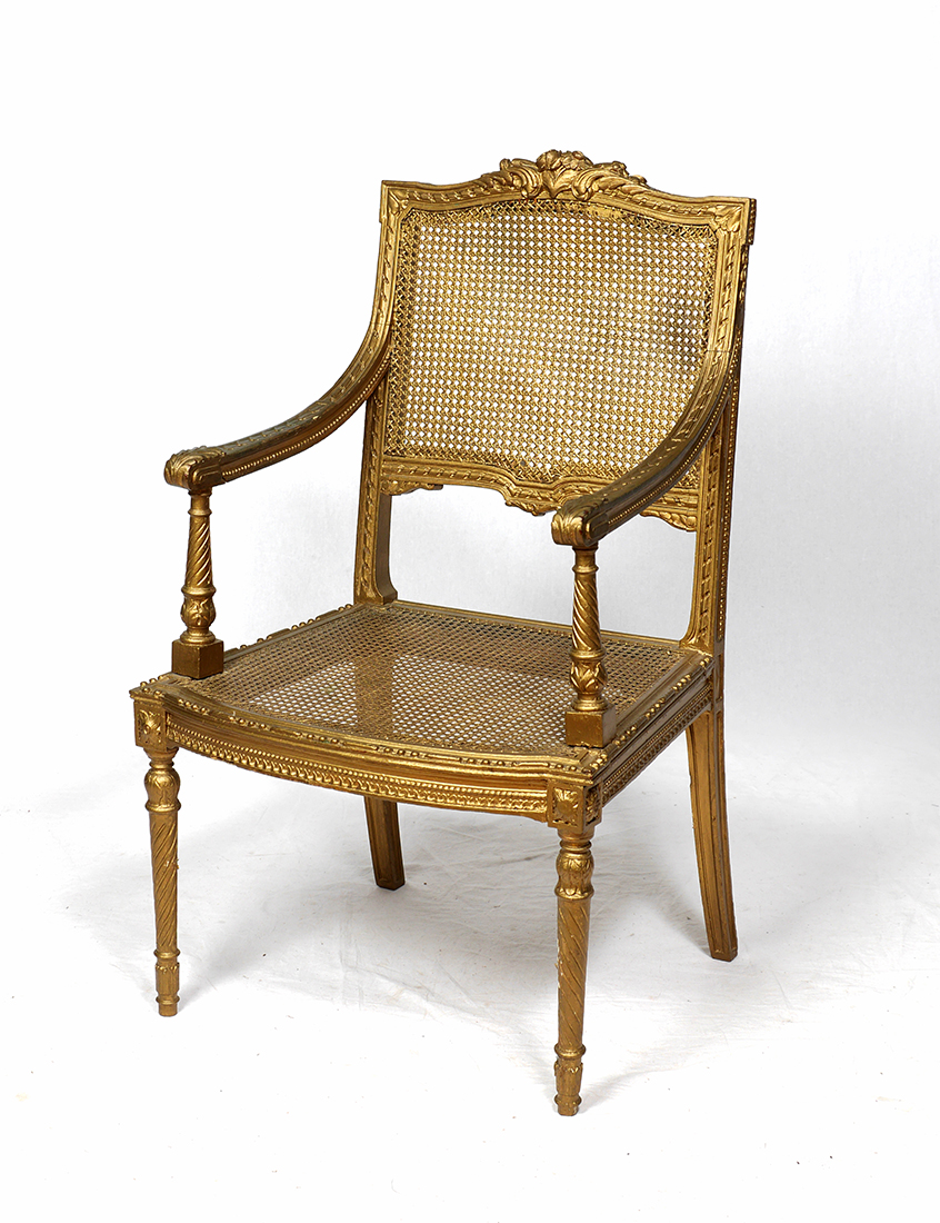 Appraisal: LOUIS XV GILT DECORATED CANED FAUTEUIL CHAIR Carved gold paint