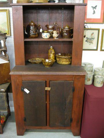 Appraisal: Country Style Stepback Cupboard red paint double doors with open