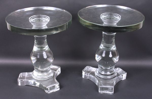 Appraisal: Pair of glass circular pedestal tables h x diam good