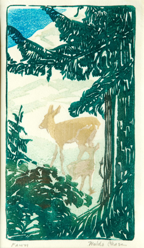 Appraisal: WALDO CHASE Color woodblock print Fawn Matted and mounted in