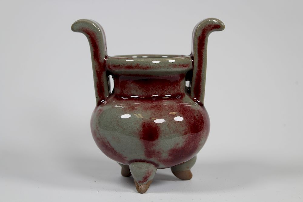 Appraisal: Twin Handled Chinese Flambe Glazed Footed Censer Twin Handled Chinese