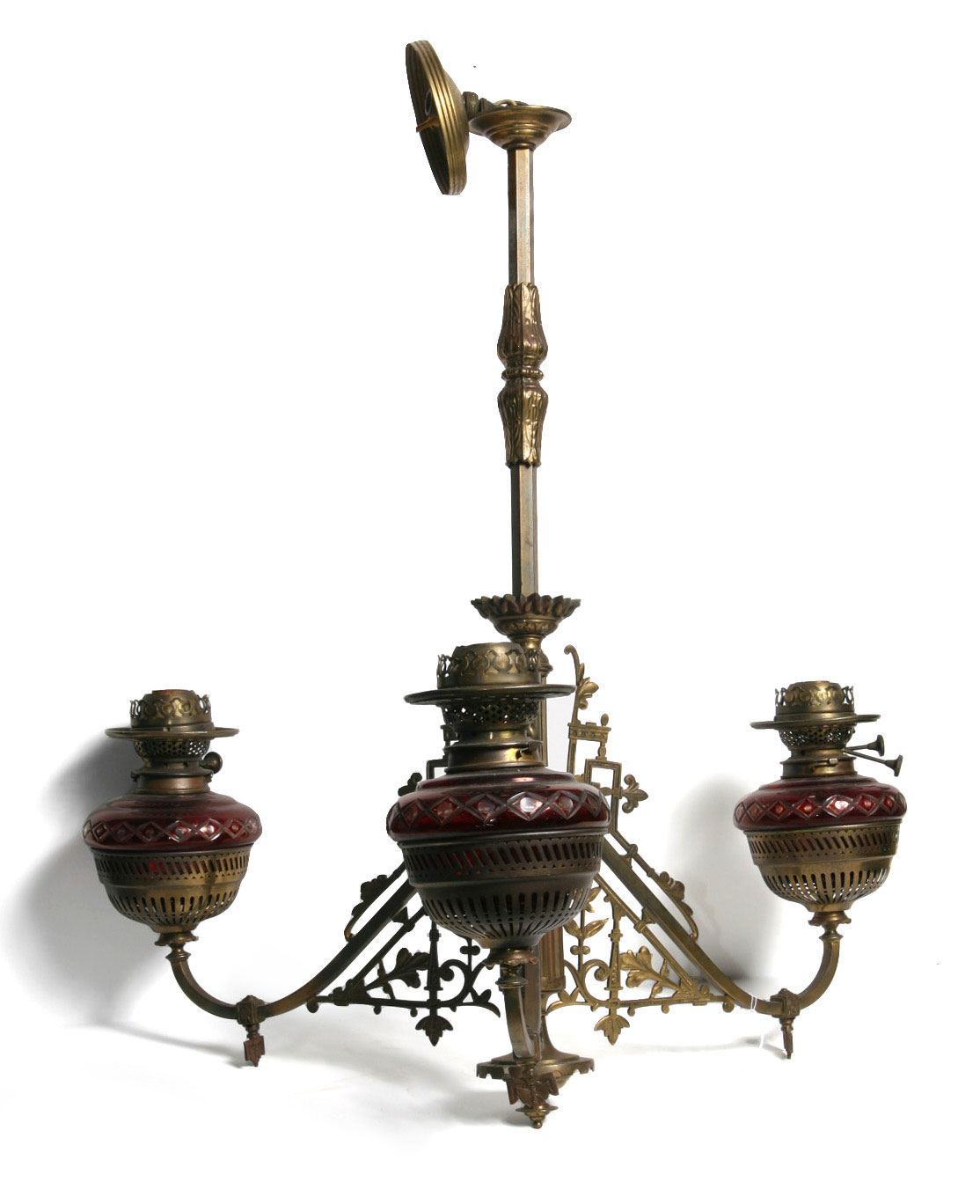 Appraisal: AMERICAN AESTHETIC MOVEMENT BRASS AND GLASS THREE-LIGHT CHANDELIER LATE NINETEENTH