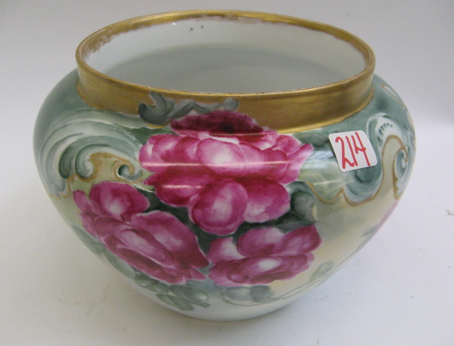 Appraisal: AMERICAN HAND PAINTED JARDINIERE bright colorful red roses and green