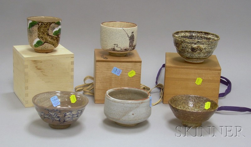 Appraisal: Six Japanese Tea Ceremony Bowls three boxed one depicting a