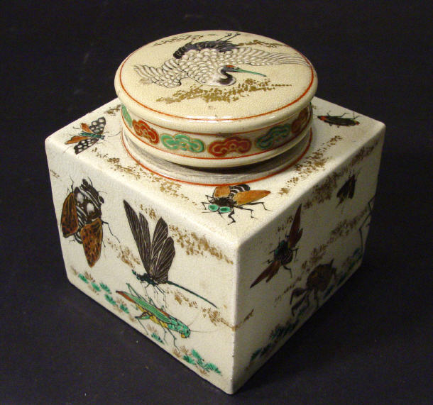 Appraisal: Japanese Satsuma pottery tea caddy and cover enamelled with grasshoppers