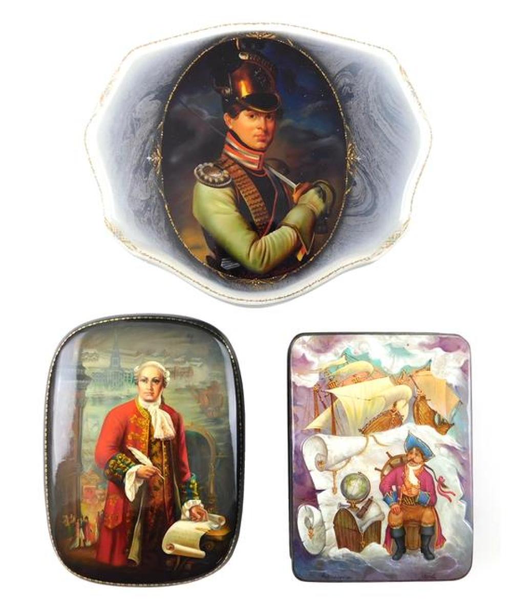 Appraisal: Russian hand-painted lacquer boxes group of three famous Russian men