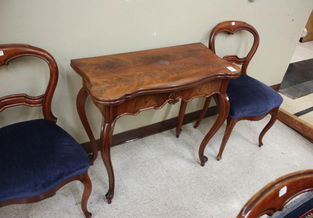 Appraisal: VICTORIAN MAHOGANY CARD TABLE AND FOUR CHAIRS English th century