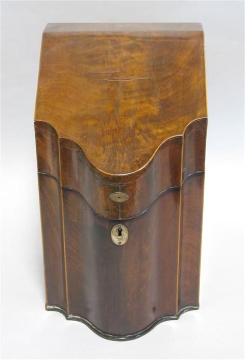 Appraisal: GEORGE III MAHOGANY SLANT-TOP KNIFE BOX Early th century with