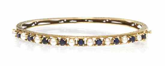 Appraisal: A Karat Yellow Gold Cultured Pearl and Sapphire Bracelet containing