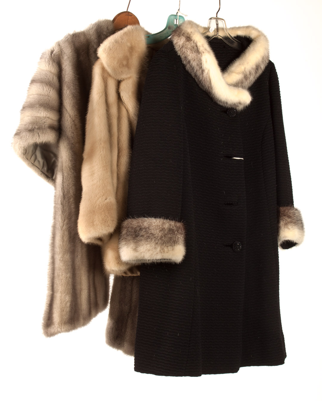 Appraisal: Two fur coats and a stole including black wool jacket