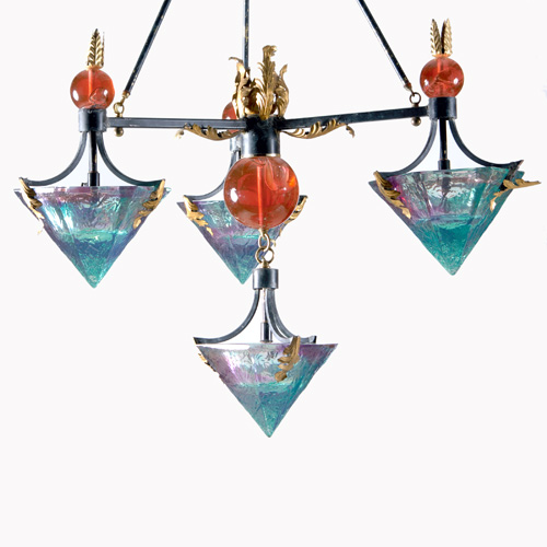 Appraisal: D YOUNG Lucite and iron four-light chandelier with gilt leaf-form