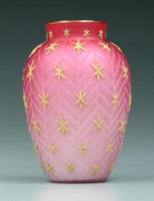 Appraisal: Mother-of-pearl coralene vase red to pink herringbone pattern with yellow