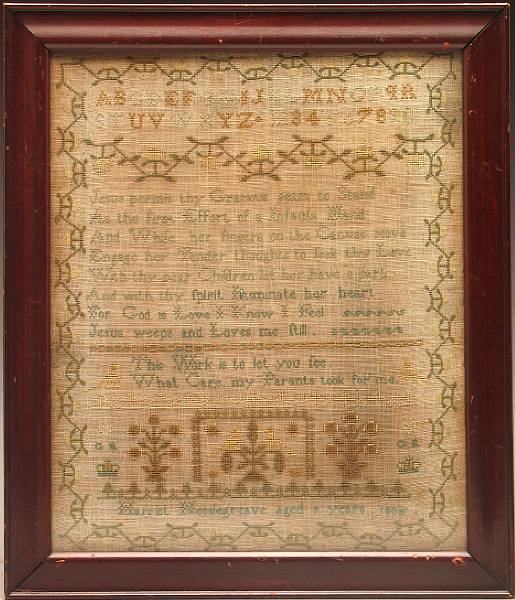 Appraisal: An Englsih silk and linen needlework sampler Harriot Hesslegreave dated