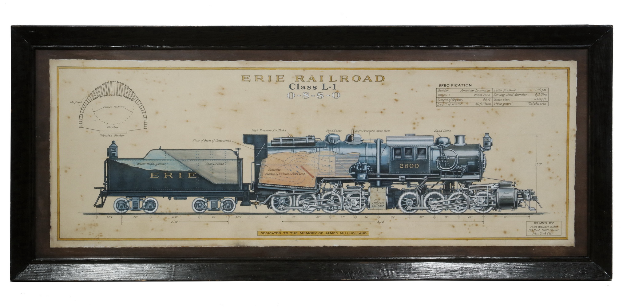 Appraisal: RAILROAD LOCOMOTIVE DESIGN ERIE RR NY FRAMED Erie Railroad Engine