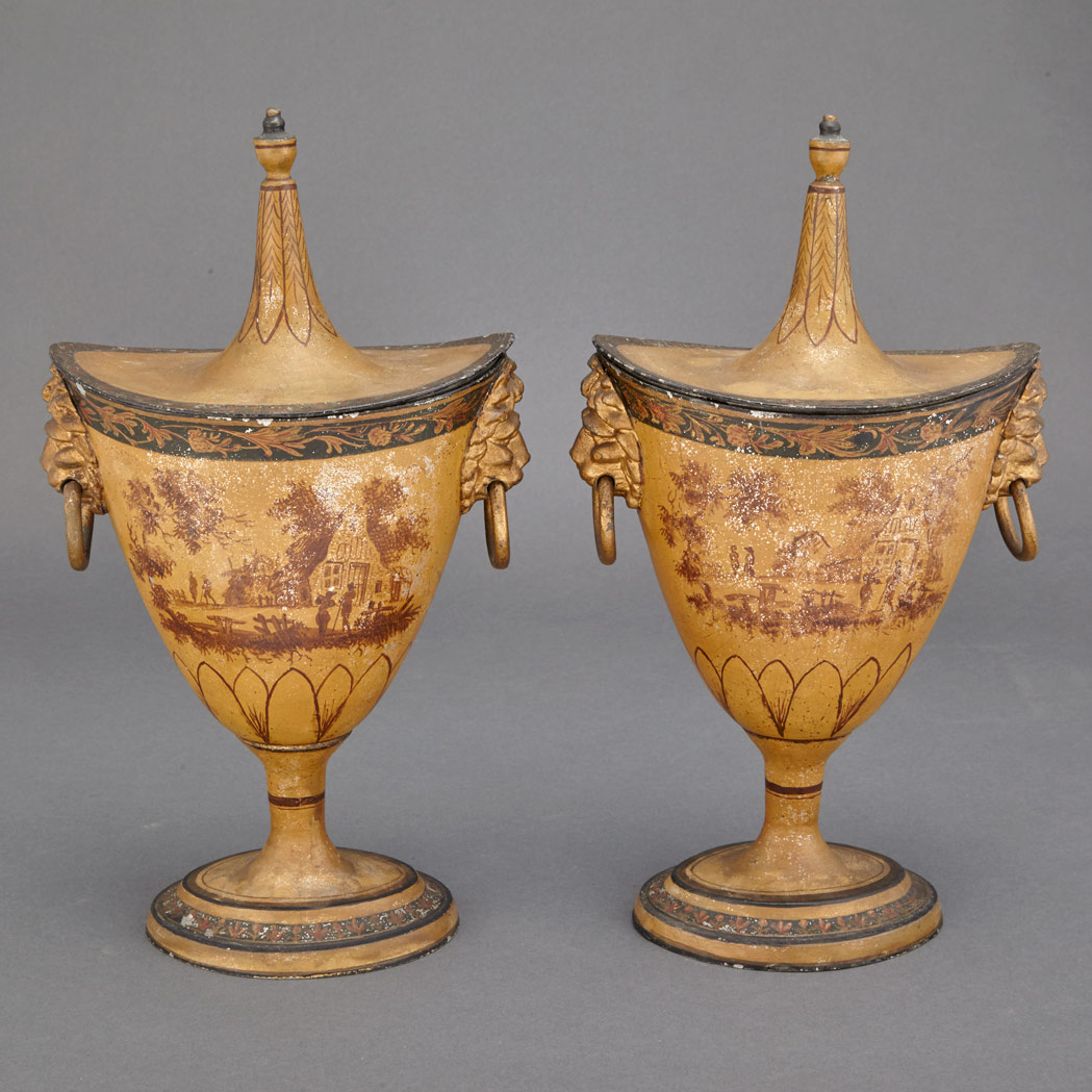 Appraisal: Pair of Regency Painted and Parcel Gilt Tole Chestnut Urns