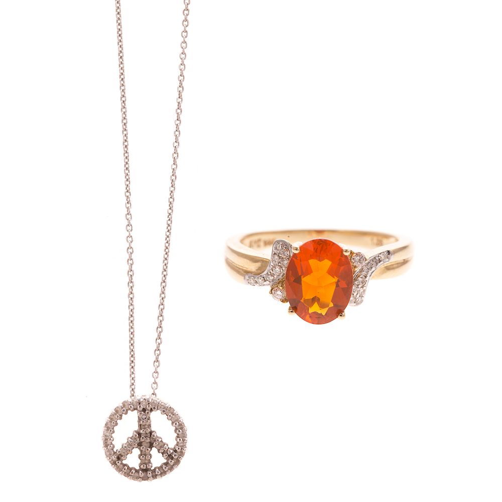 Appraisal: A Diamond Peace Sign Necklace Gemstone Ring K white gold