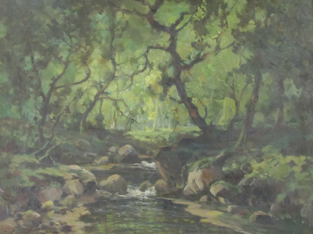 Appraisal: TOM CAMPBELL Oil on canvas ' A Woodland stream' signed