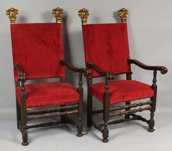 Appraisal: Pair of th Century Spanish high-back upholstered chairs with gold