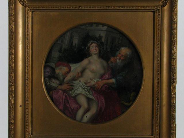 Appraisal: Unsigned x Round reverse painting on glass framed Italian Genre