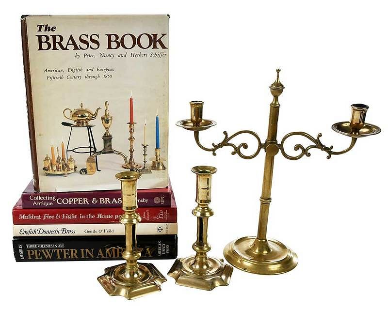 Appraisal: Three Brass Candle Holders Five Books on Metal British th-