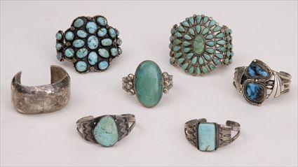 Appraisal: SEVEN NAVAJO AND ZUNI SILVER AND TURQUOISE BRACELETS