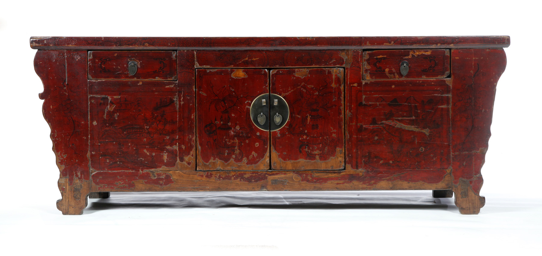 Appraisal: CHINESE RED LACQUERED CABINET Late th century elm Multiple doors