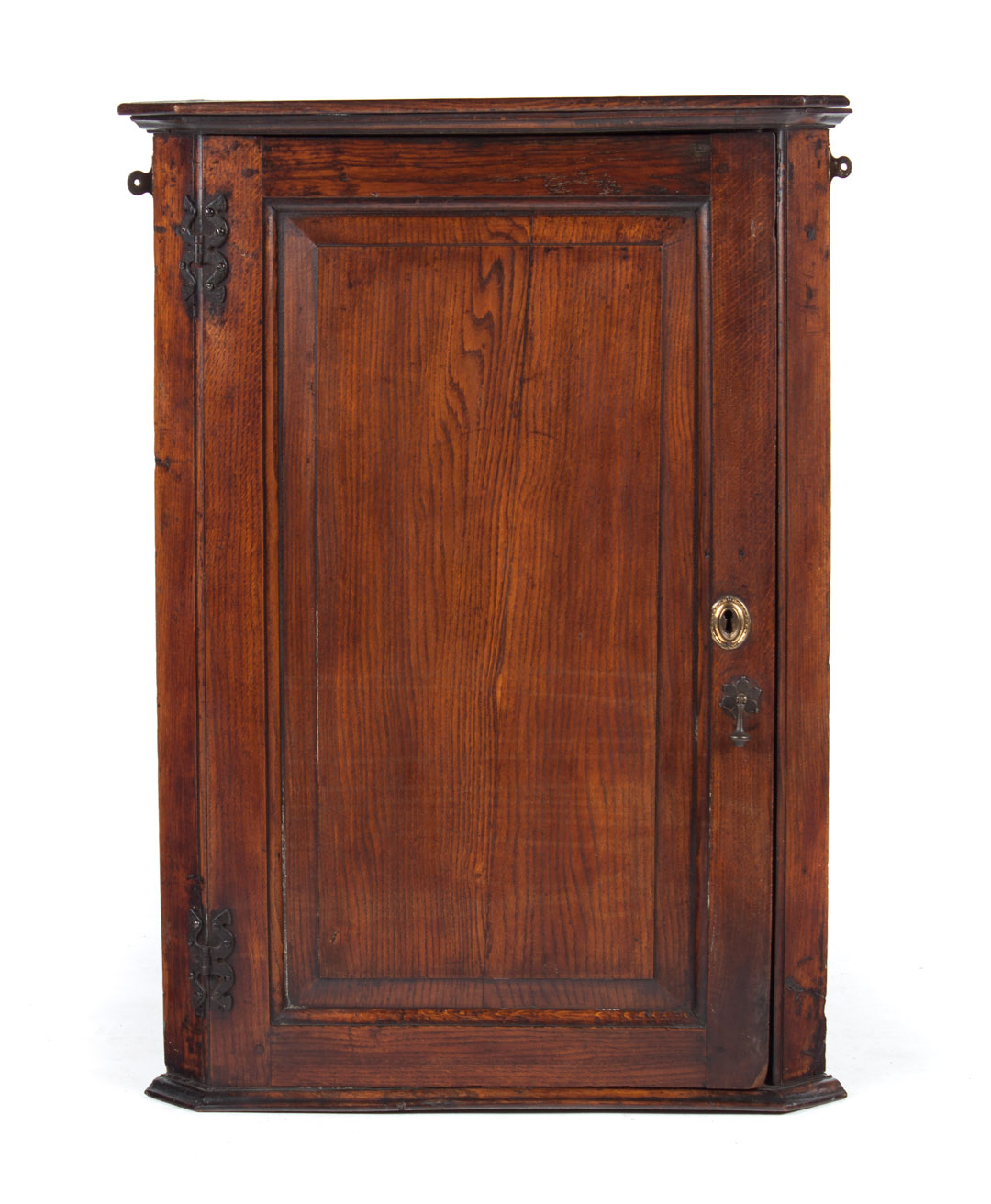 Appraisal: George III vernacular oak hanging cupboard flat molded cornice compartment